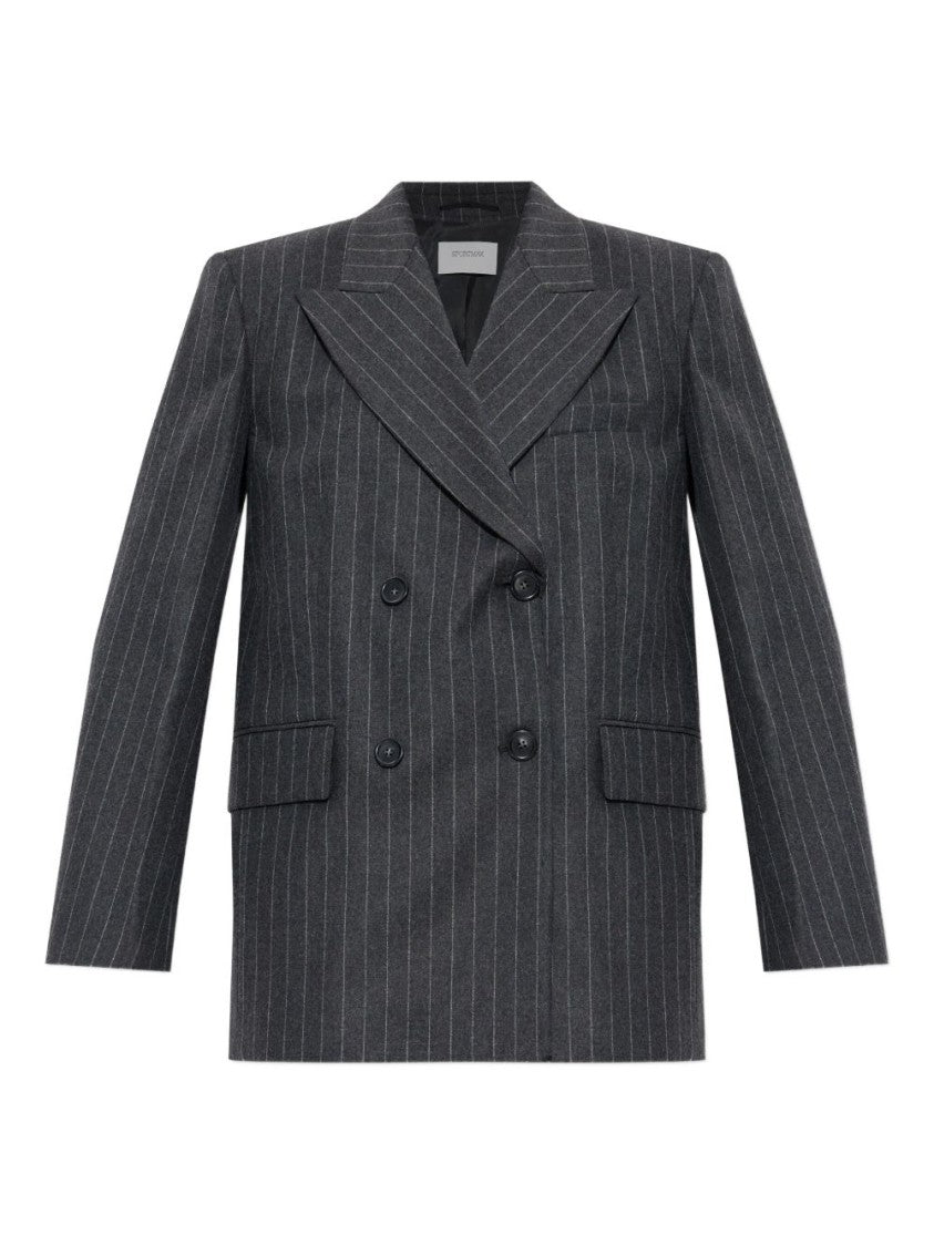 Sportmax Double-Breasted Oversized Anthracite Jacket With Pinstripe Detail