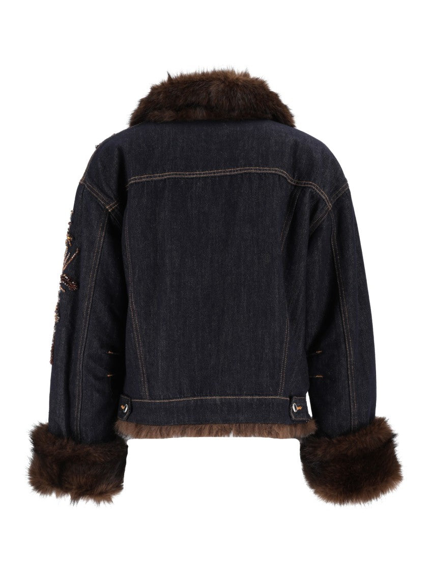 Ermanno Scervino Brown Faux Fur Trim Cropped Denim Jacket