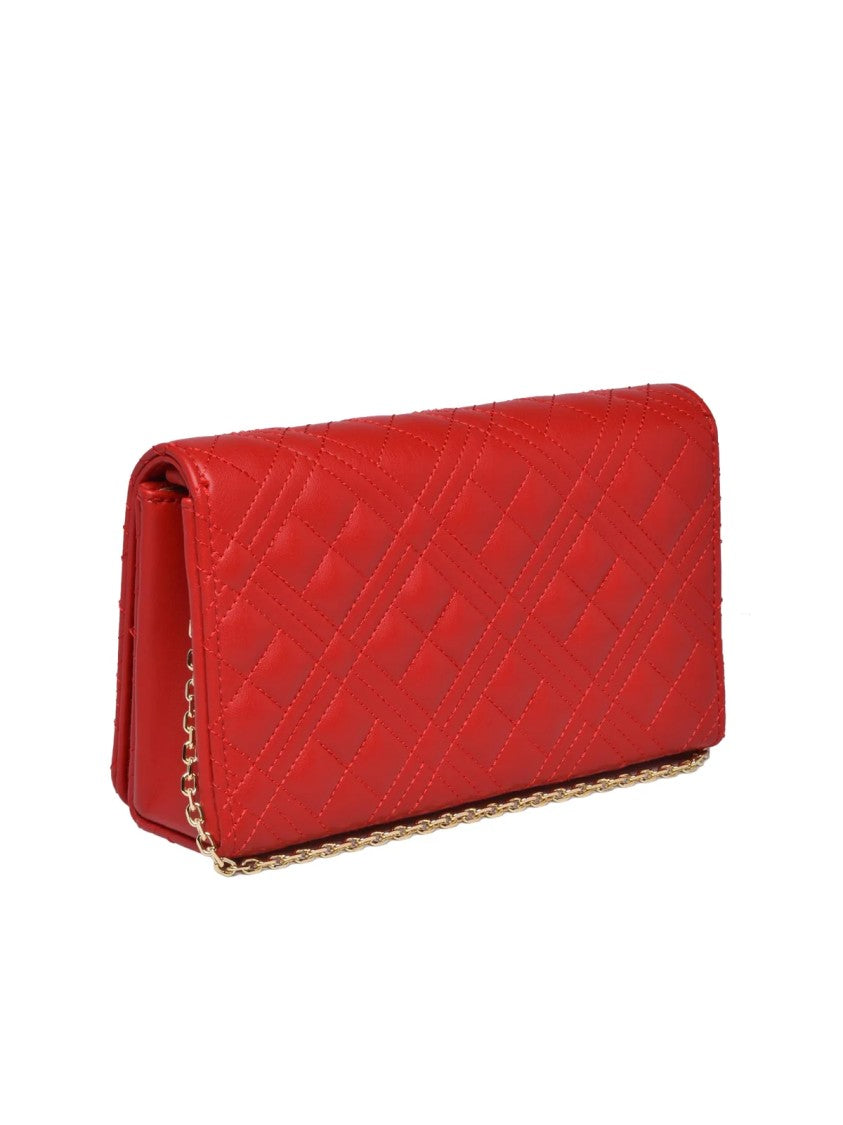 Love Moschino Quilted Red Shoulder Bag With Gold Chain Strap And Logo Accents