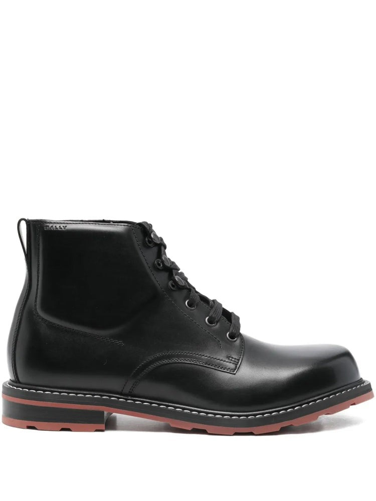 Bally Black Treaded Lace-Up Leather Ankle Boots