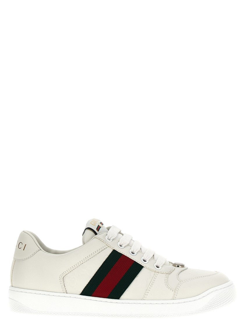 Gucci Lace-Up Low-Top Leather Sneakers With Web Ribbon Detail