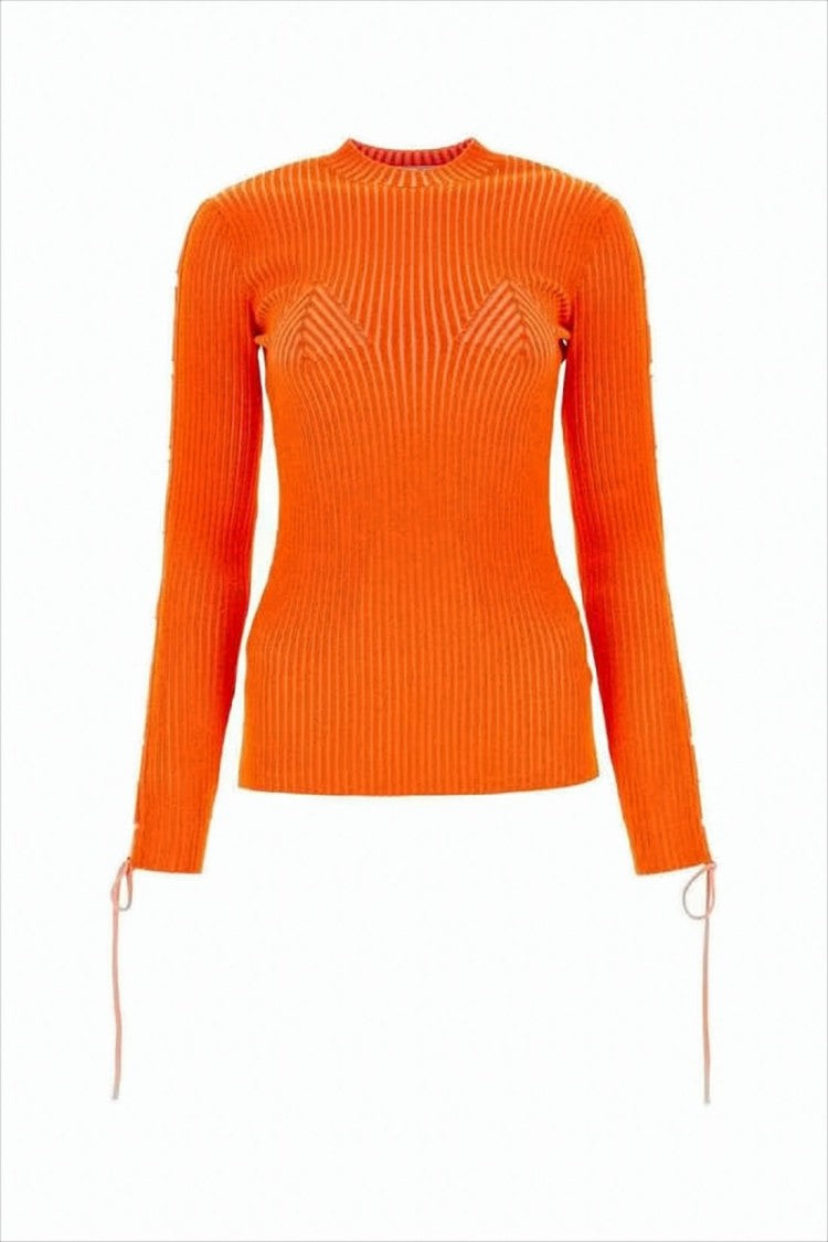 Off-White Vibrant Orange Ribbed Knit Sweater With Adjustable Ties