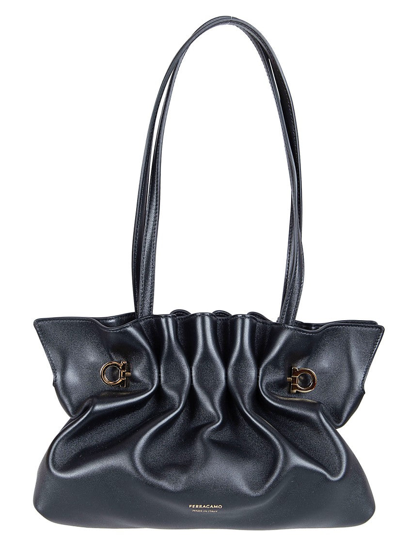 Ferragamo Gathered Black Nappa Leather Soft Bag With Gold Accents