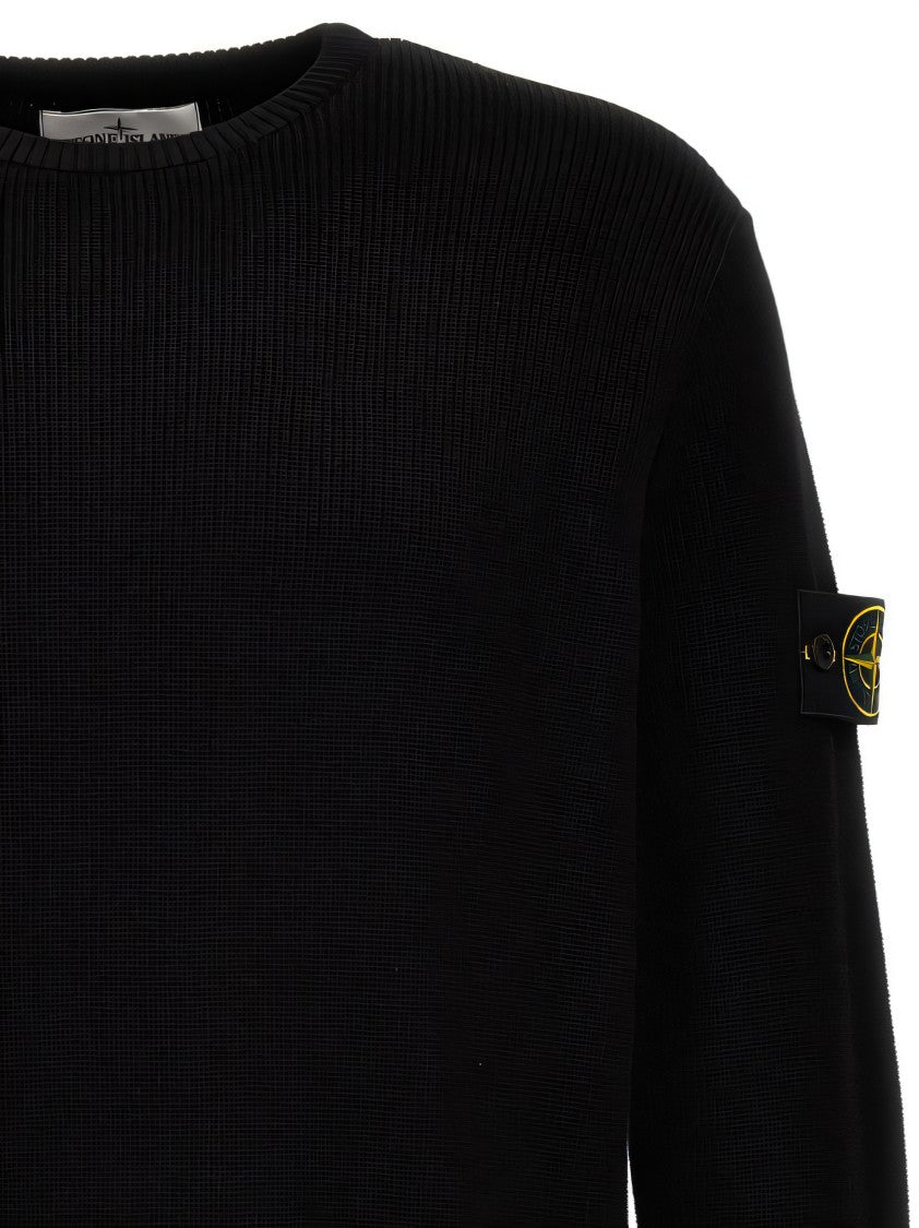 Stone Island Crew Neck Knit Sweater With Ribbed Texture And Logo Patch