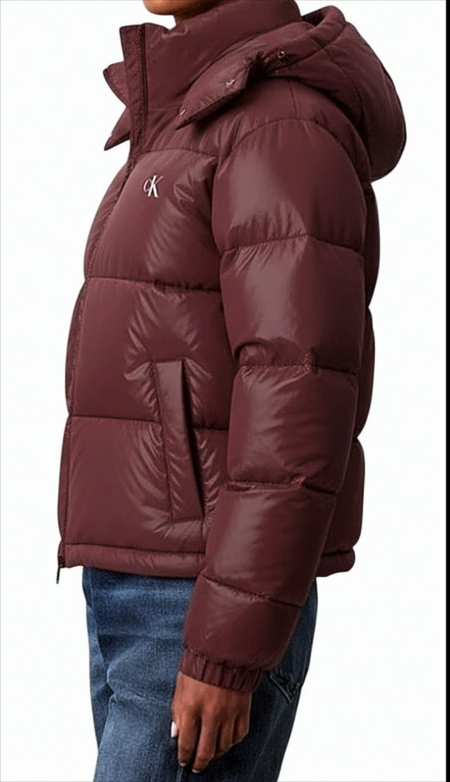 Calvin Klein Shiny Quilted Cropped Coat With Detachable Hood