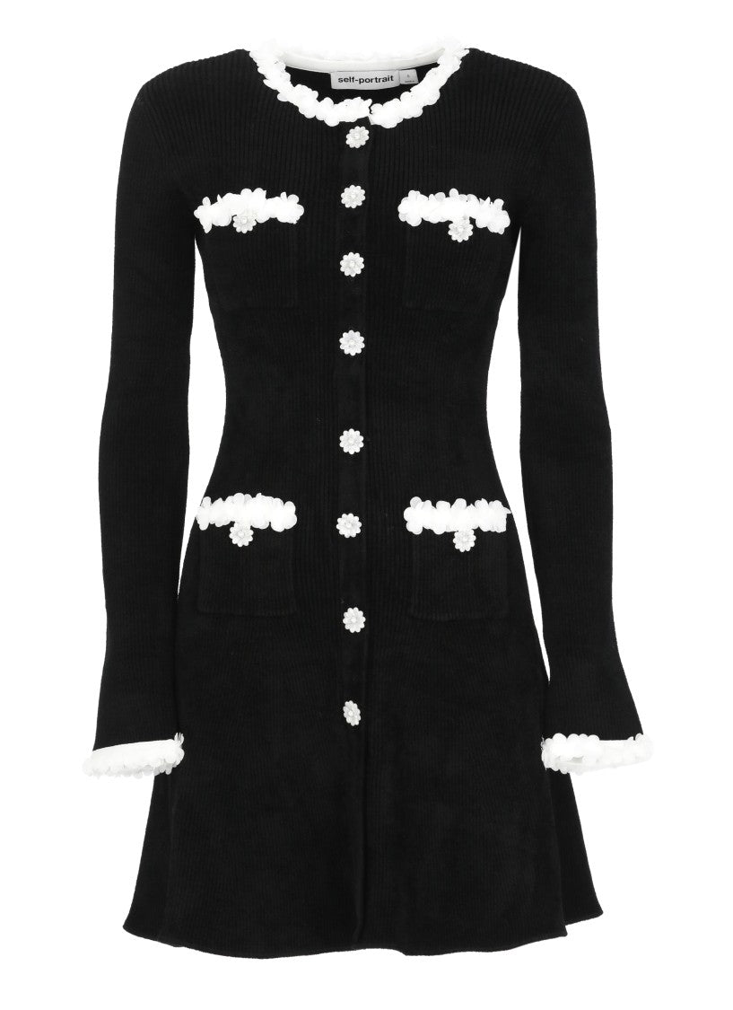 Self-Portrait Ribbed Chenille Midi Dress With Floral Accents And Jewel Buttons