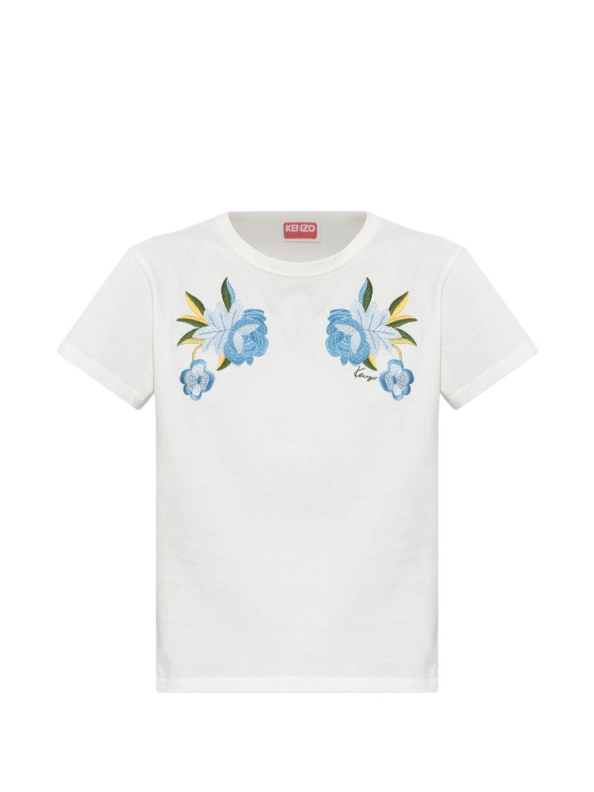 Kenzo Short-Sleeved White Top With Floral Embroidery