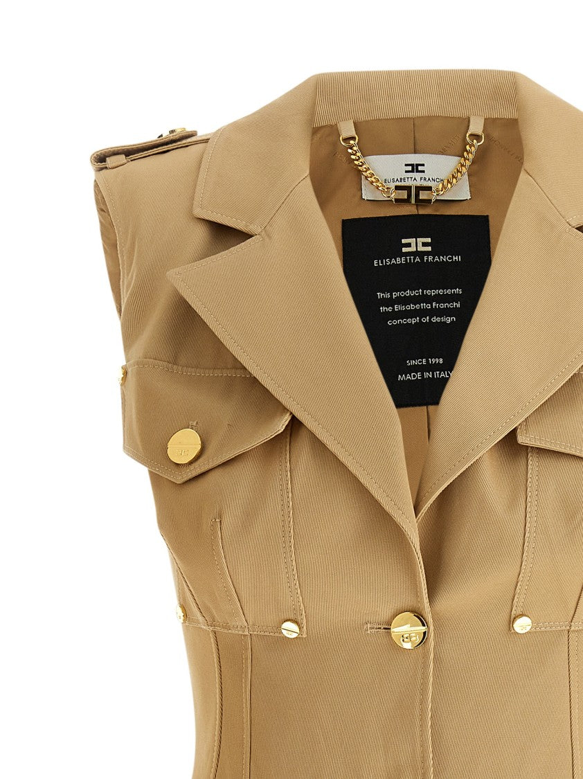 Elisabetta Franchi Double-Breasted Cotton Gabardine Mini Dress With Winged Shoulders