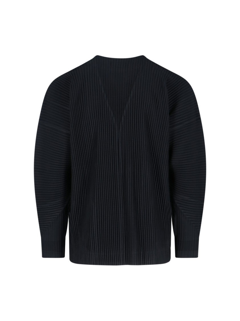 Homme Plissé Issey Miyake Pleated Black Cardigan With V-Neckline