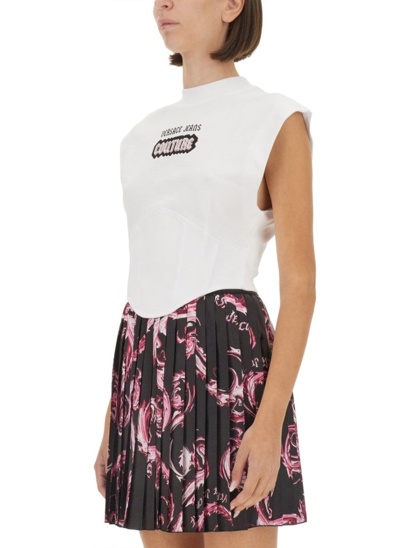 Versace Jeans Couture White Top With Logo And Cap Sleeves