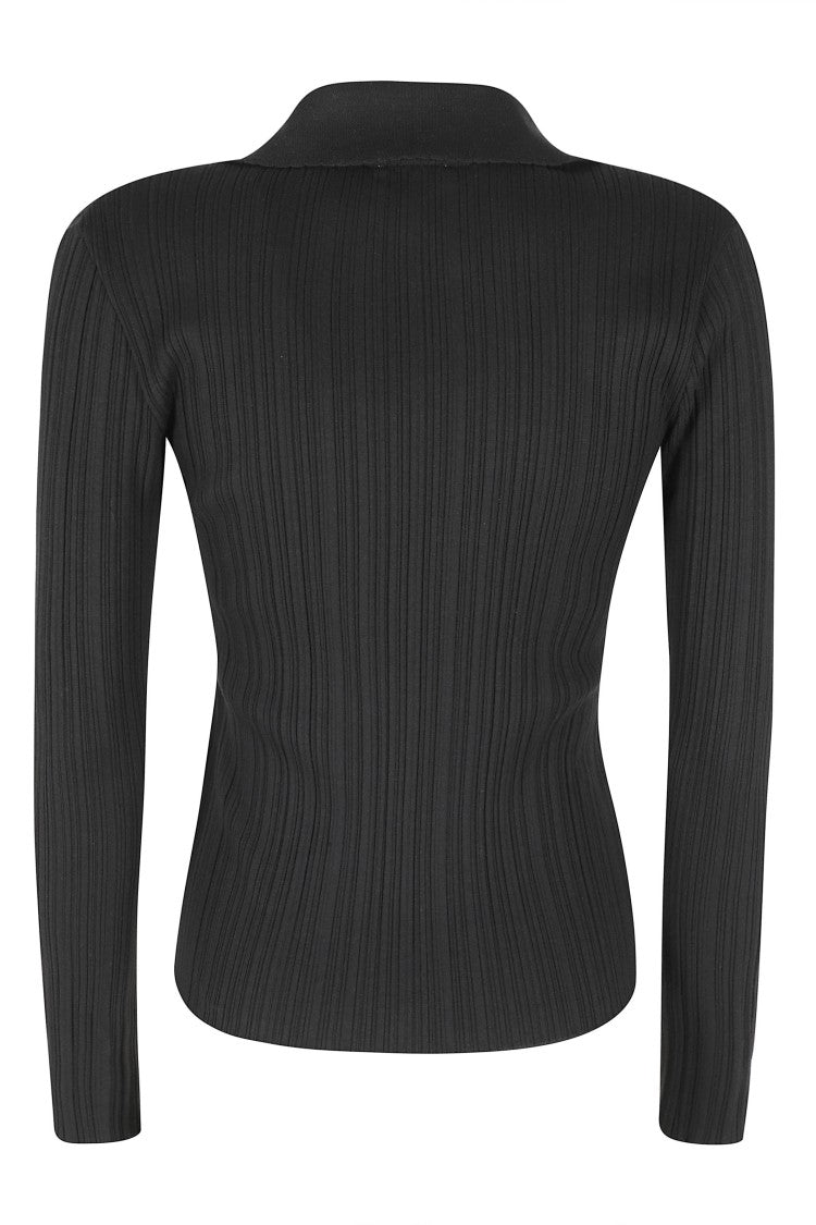 Vince Black Variegated Rib Deep V-Neck Cotton-Blend Polo Shirt