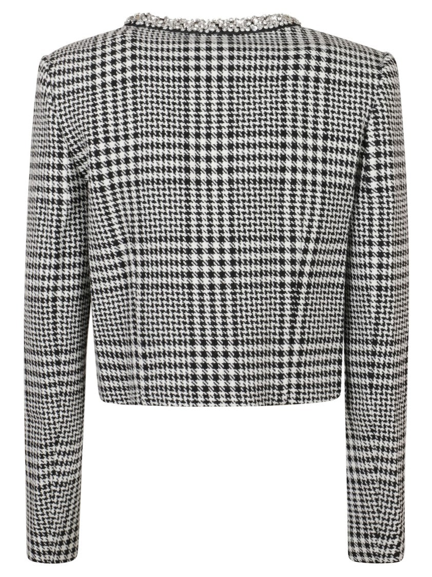 Self-Portrait Cropped Black Jacket With Check Pattern