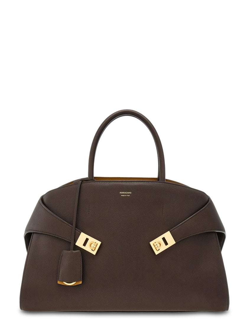 Ferragamo Structured Calf Leather Bag In Dark Brown