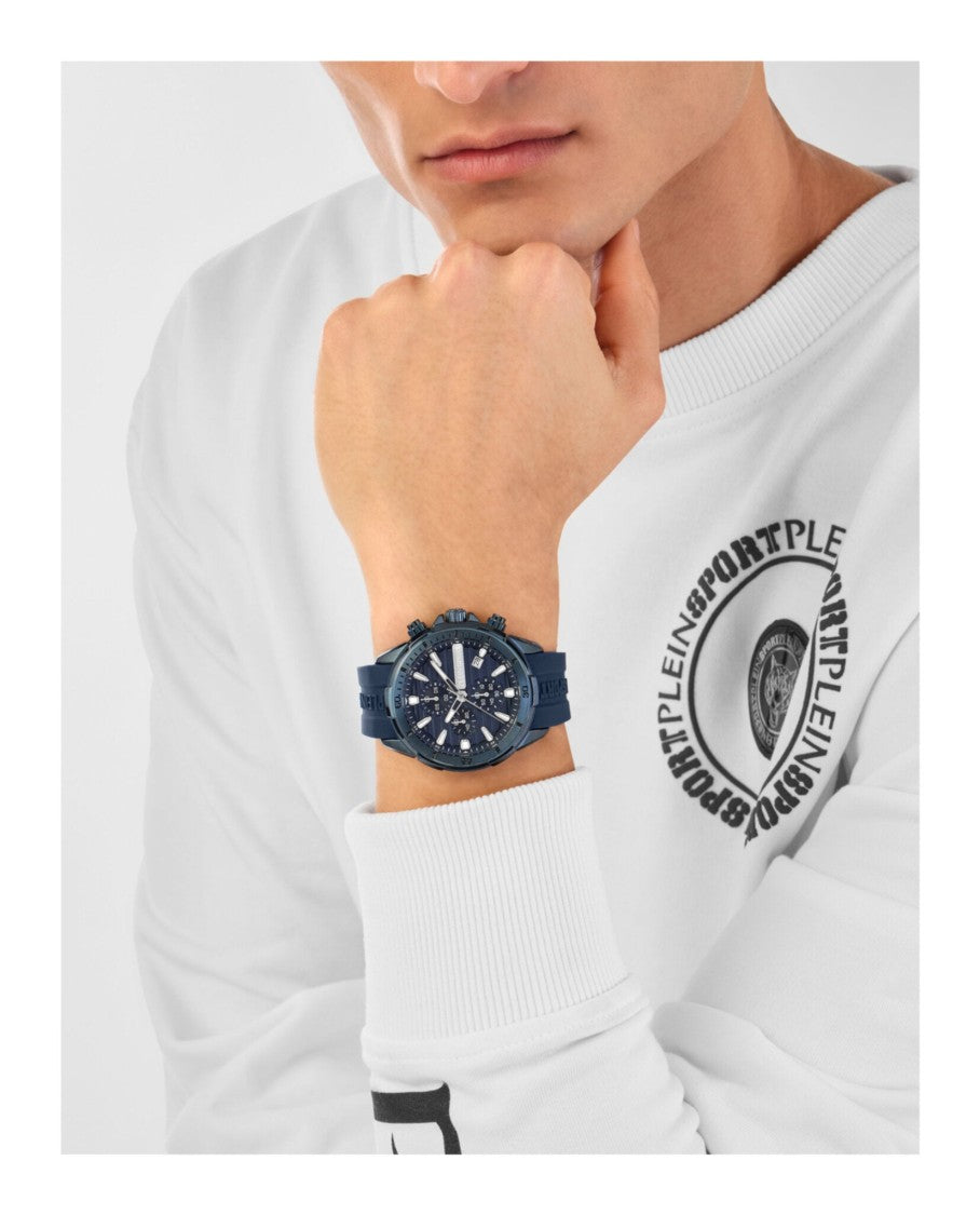 Plein Sport Impact Chronograph Watch With Blue Enamel Dial And Silicone Strap