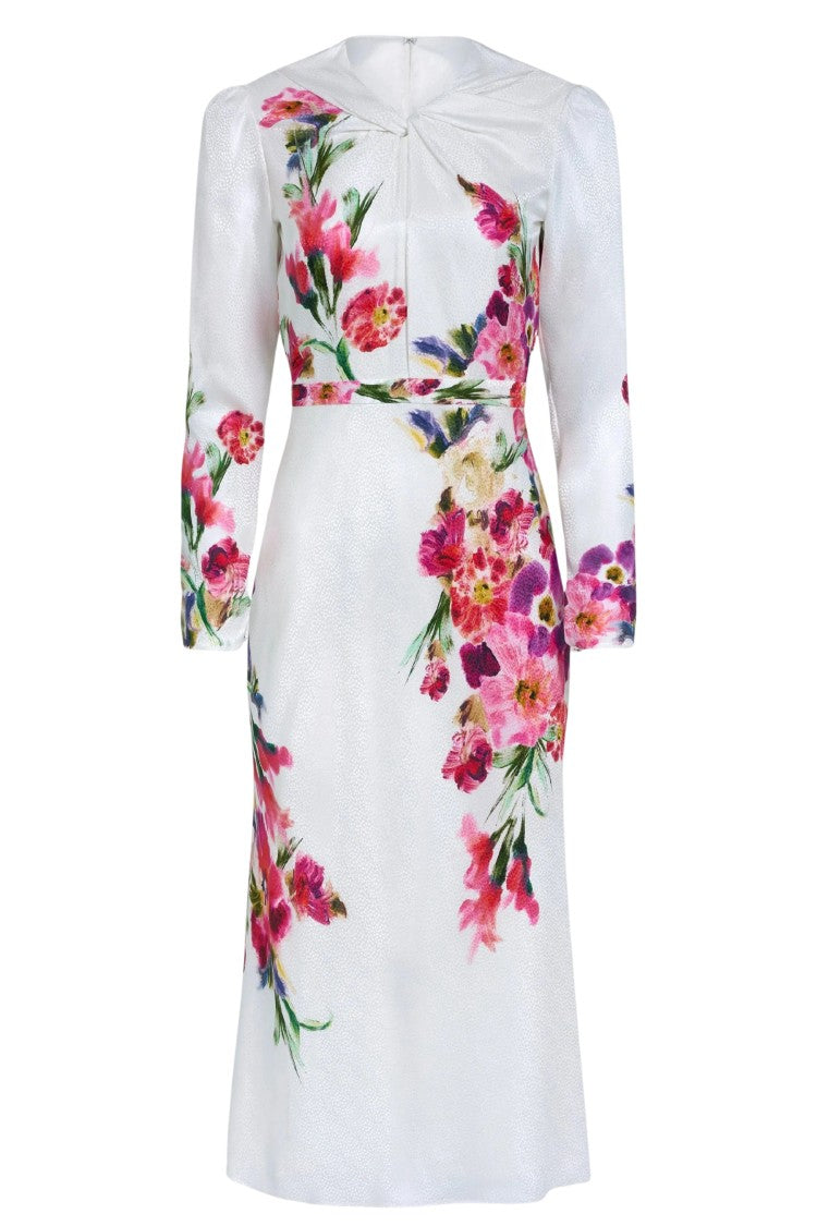 Saloni White Claudia Teardrop Knot Floral Printed Silk Midi Dress