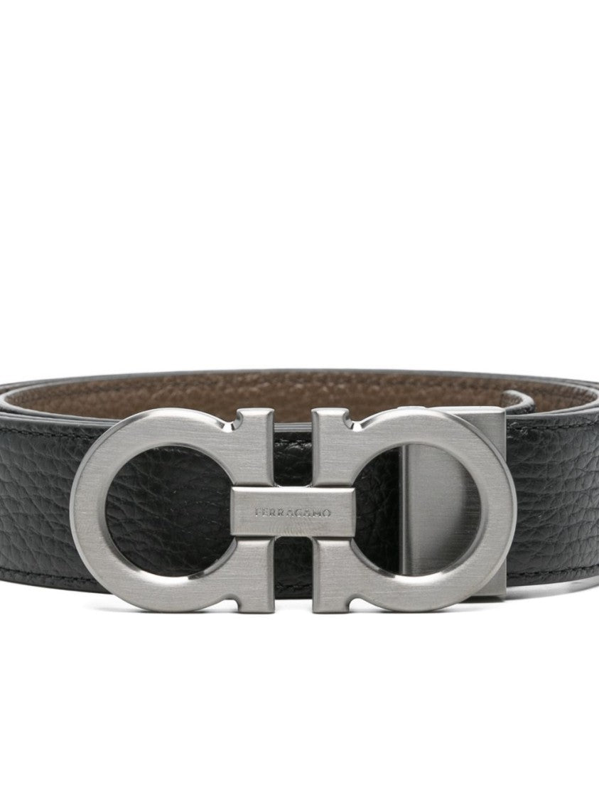 Ferragamo Black Textured Silver Double Gancini Belt