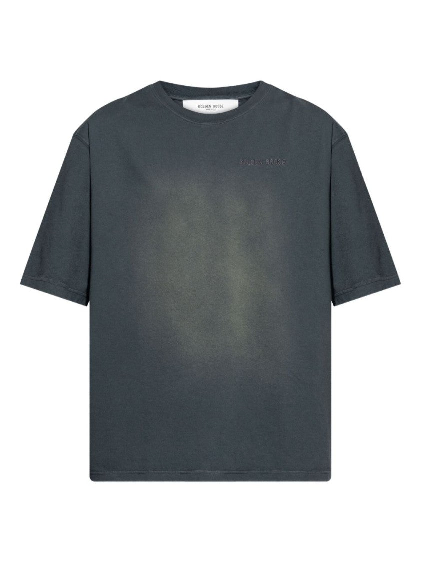 Golden Goose Faded Black Cotton T-Shirt With Embroidered Logo