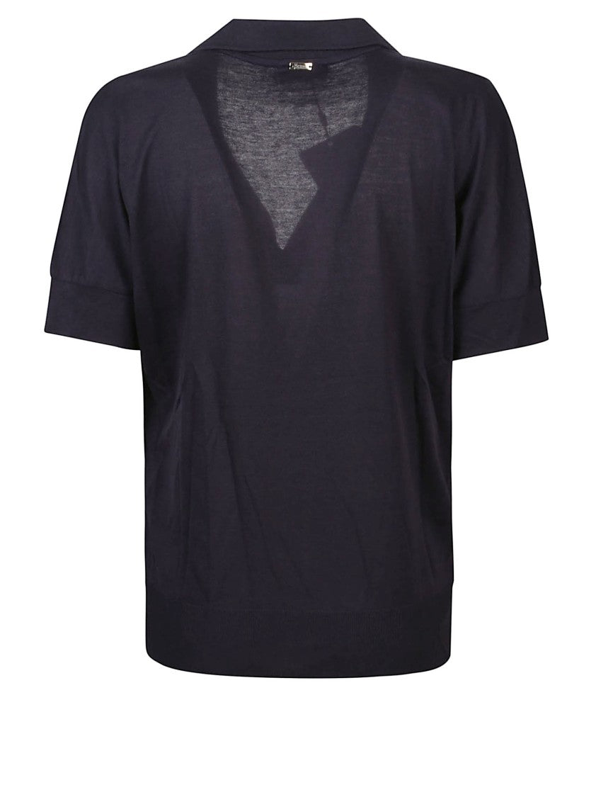 Herno Relaxed Fit Dark Blue Polo-Style Top With Ribbed Cuffs