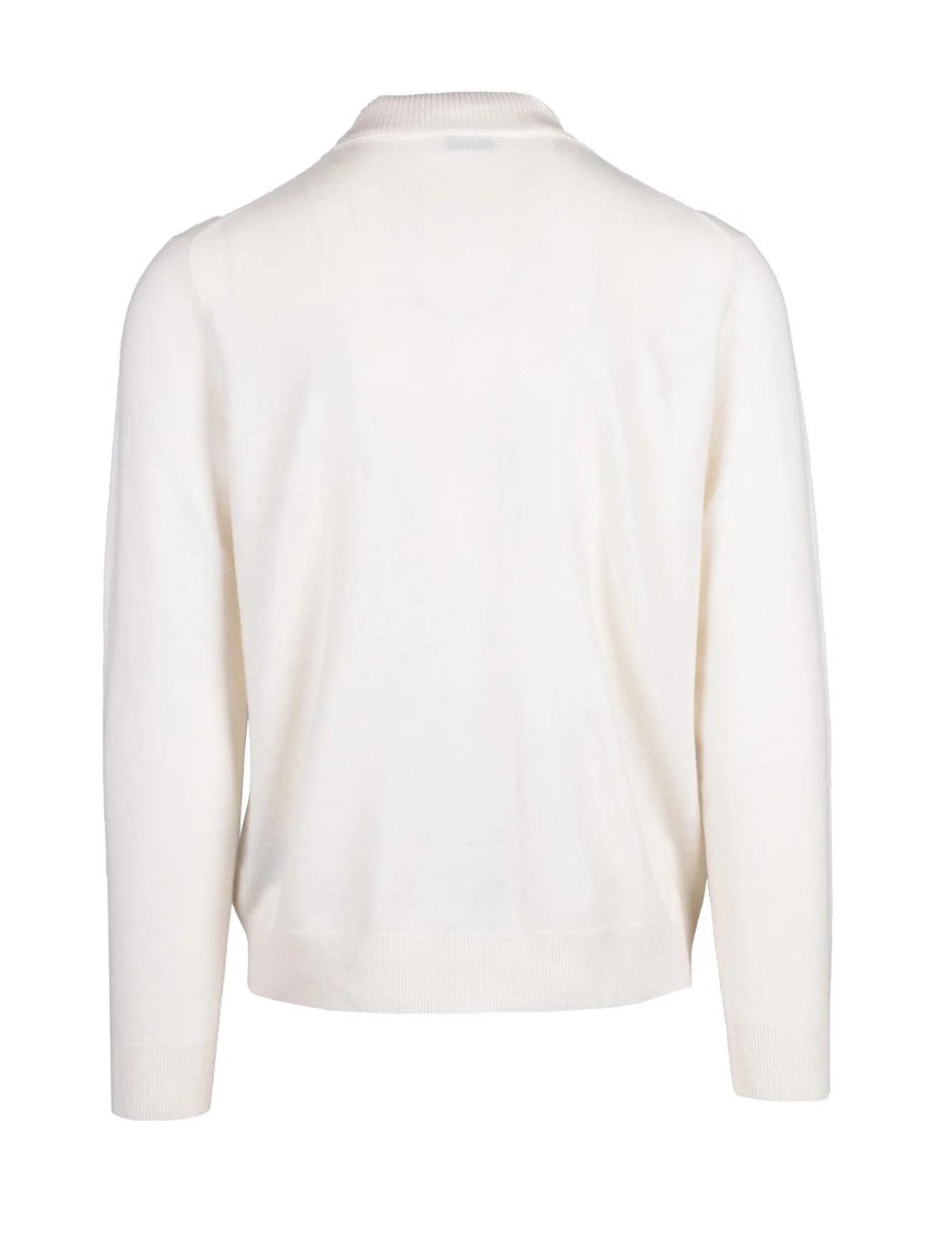 Claq White Supergeelong Merino Wool Zip Polo Cardigan