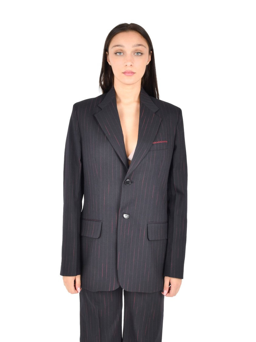 Victoria Beckham Navy Blue Suit With Pink Pinstripe Design