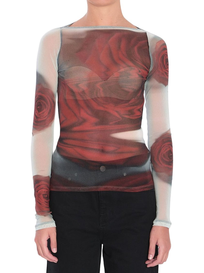 Jean Paul Gaultier White Red Rose Print Semi-Sheer Top
