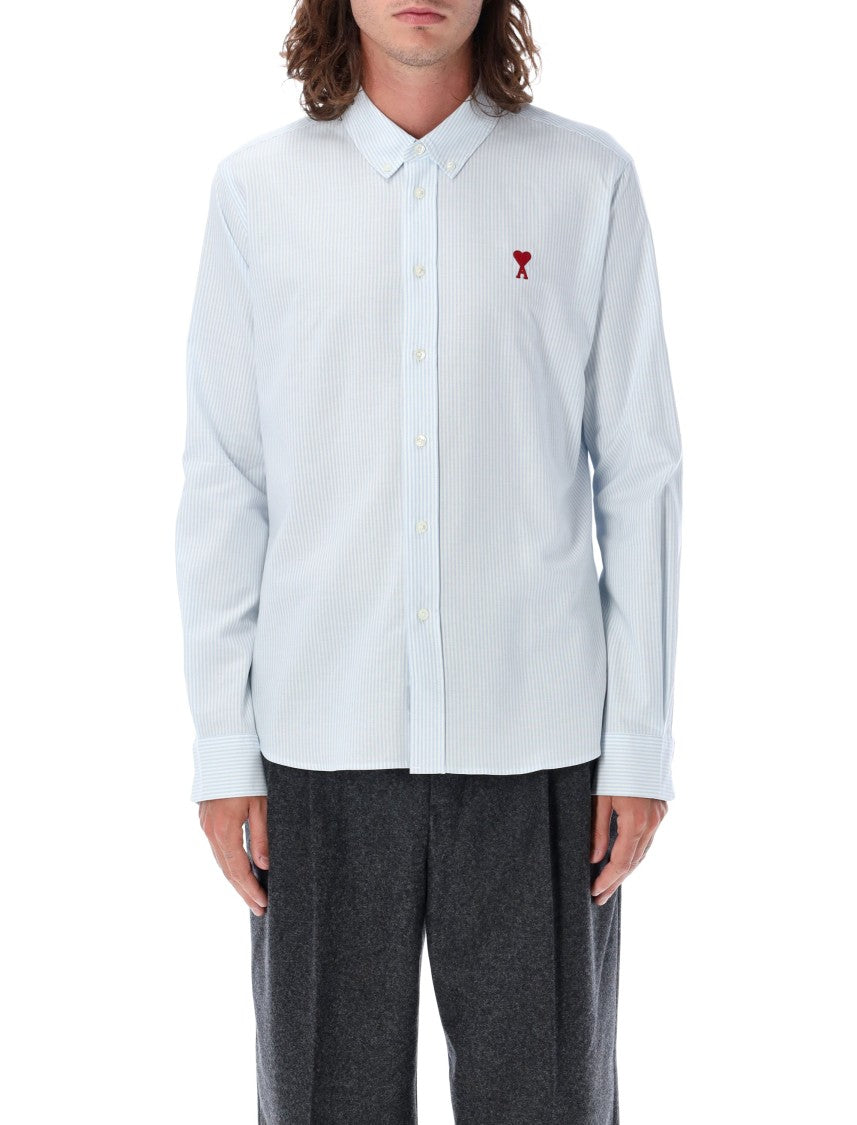 Ami Paris Striped Shirt With Red Embroidered Heart Detail