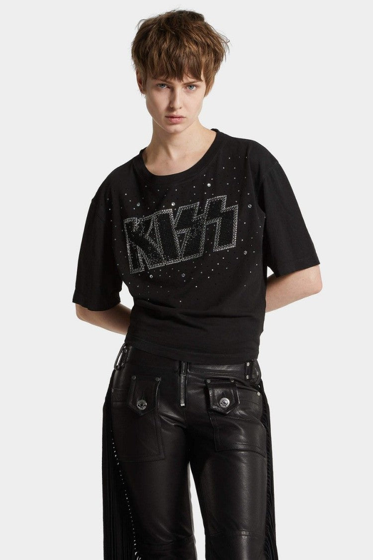 Dsquared2 Black Kiss X D2 Rhinestone Logo Cropped Cotton T-Shirt