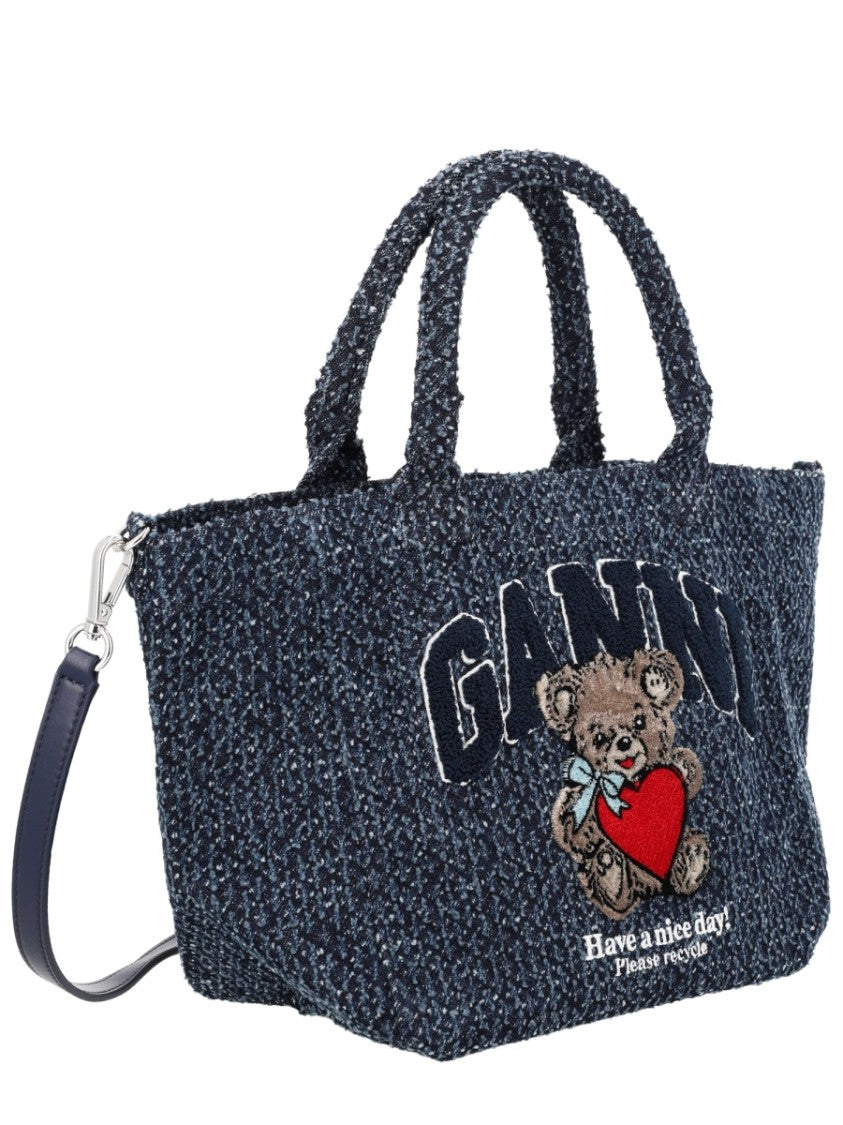 Ganni Black Speckled Teddy Bear Cotton Tote Bag
