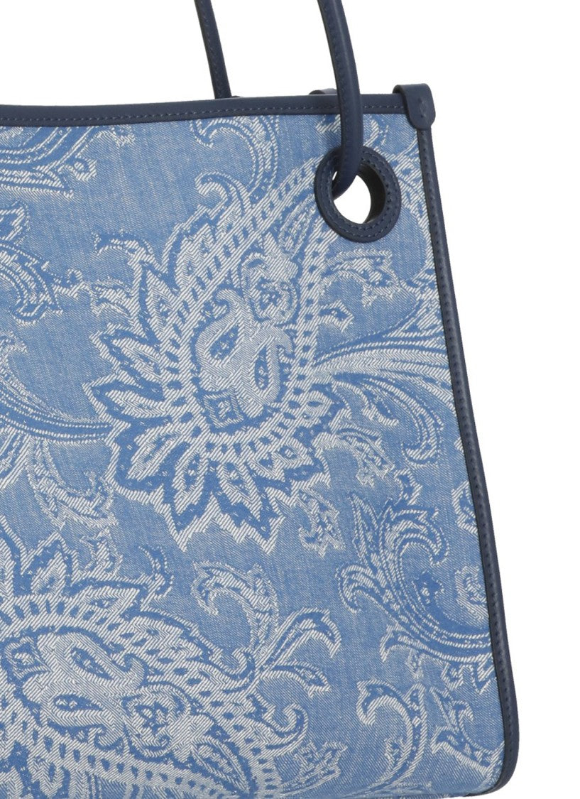 Etro Rectangular Blue Cotton Shoulder Bag With Contrasting Paisley Pattern