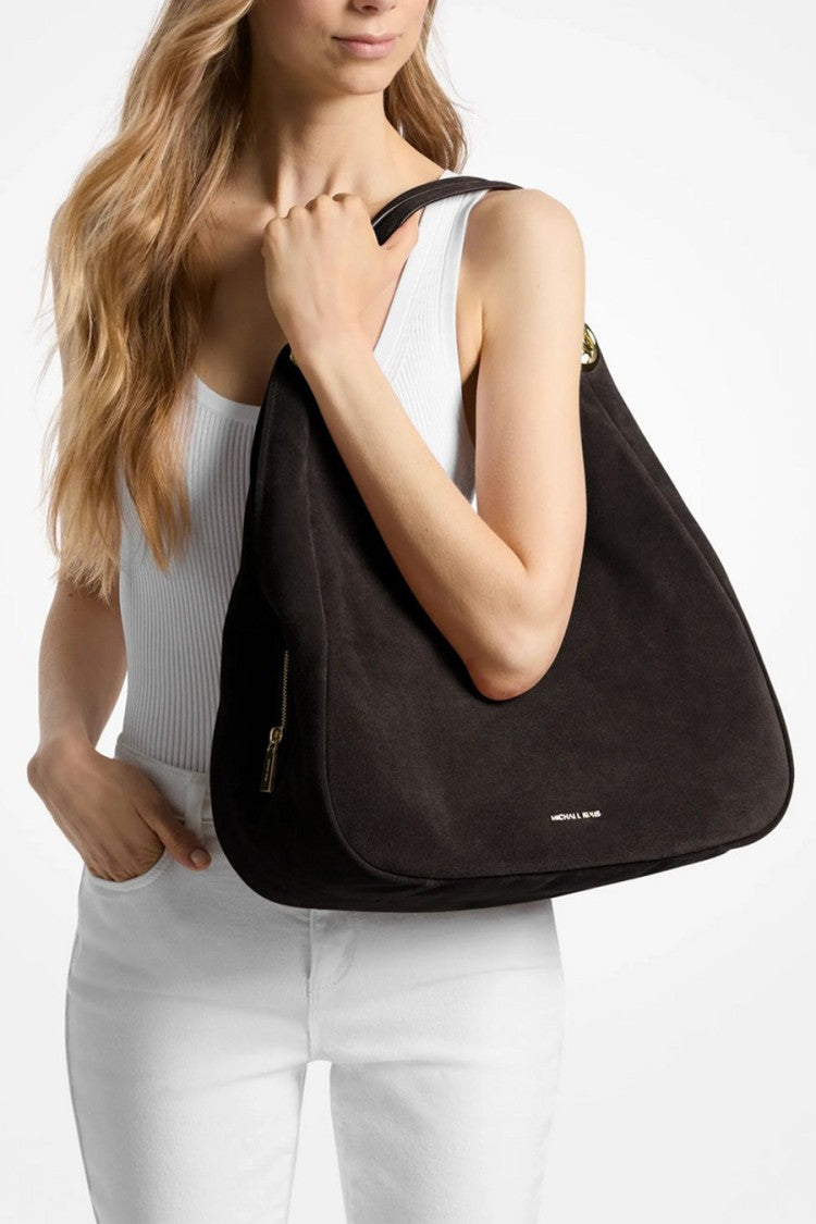 Michael Kors Dark Brown Chain Detail Leather Hobo Shoulder Bag