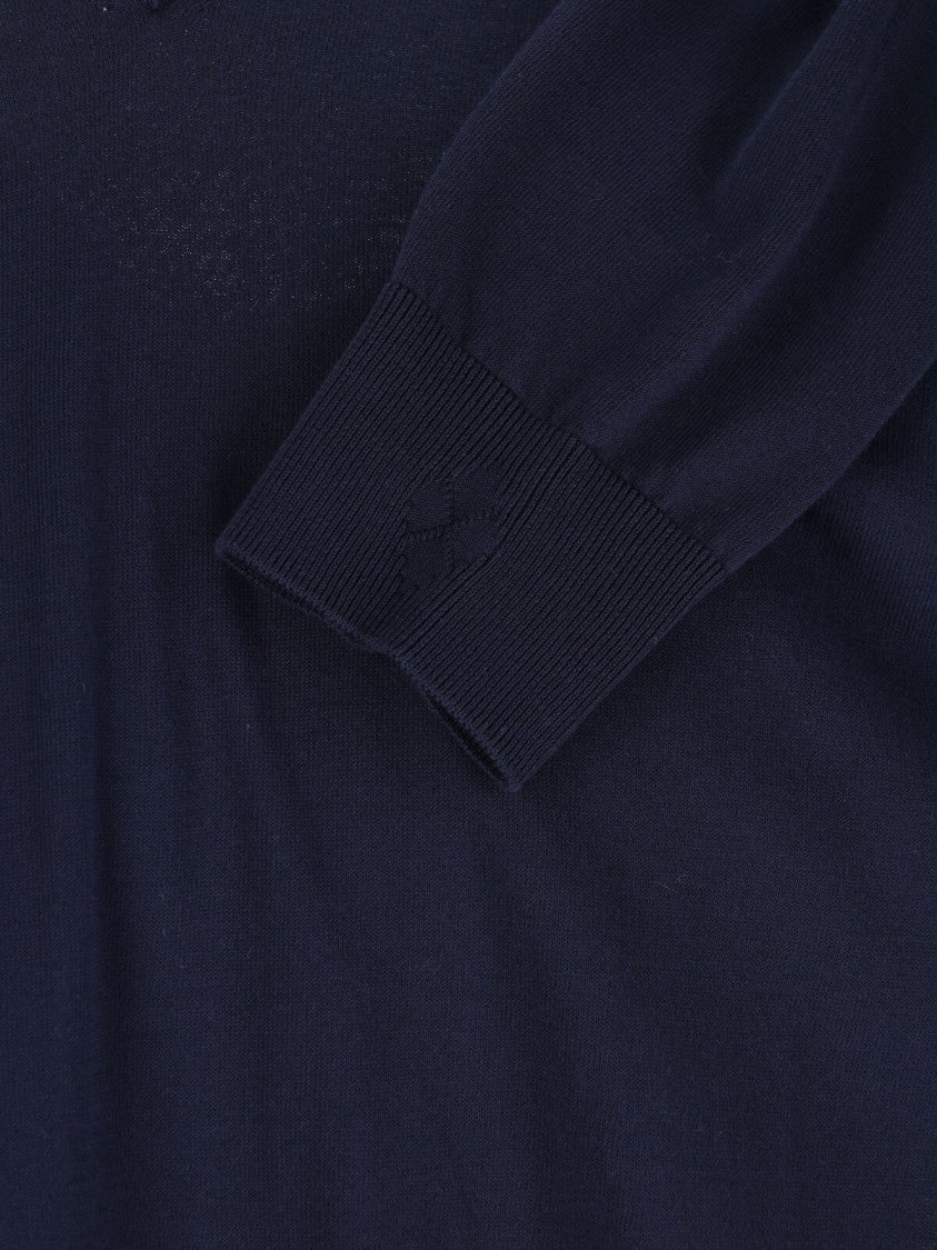 Ballantyne Blue V-Neck Ribbed Cotton Knit Sweater