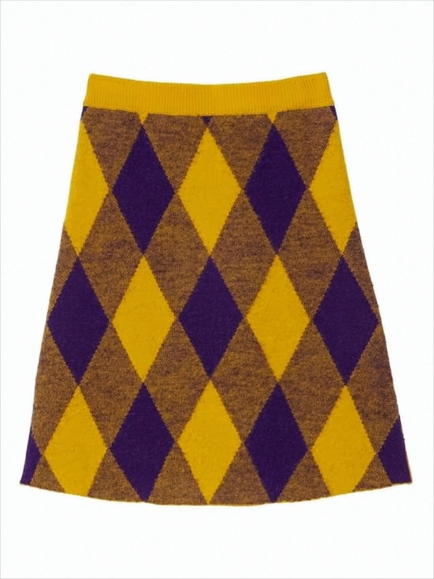Burberry Argyle Pattern Wool Midi Skirt