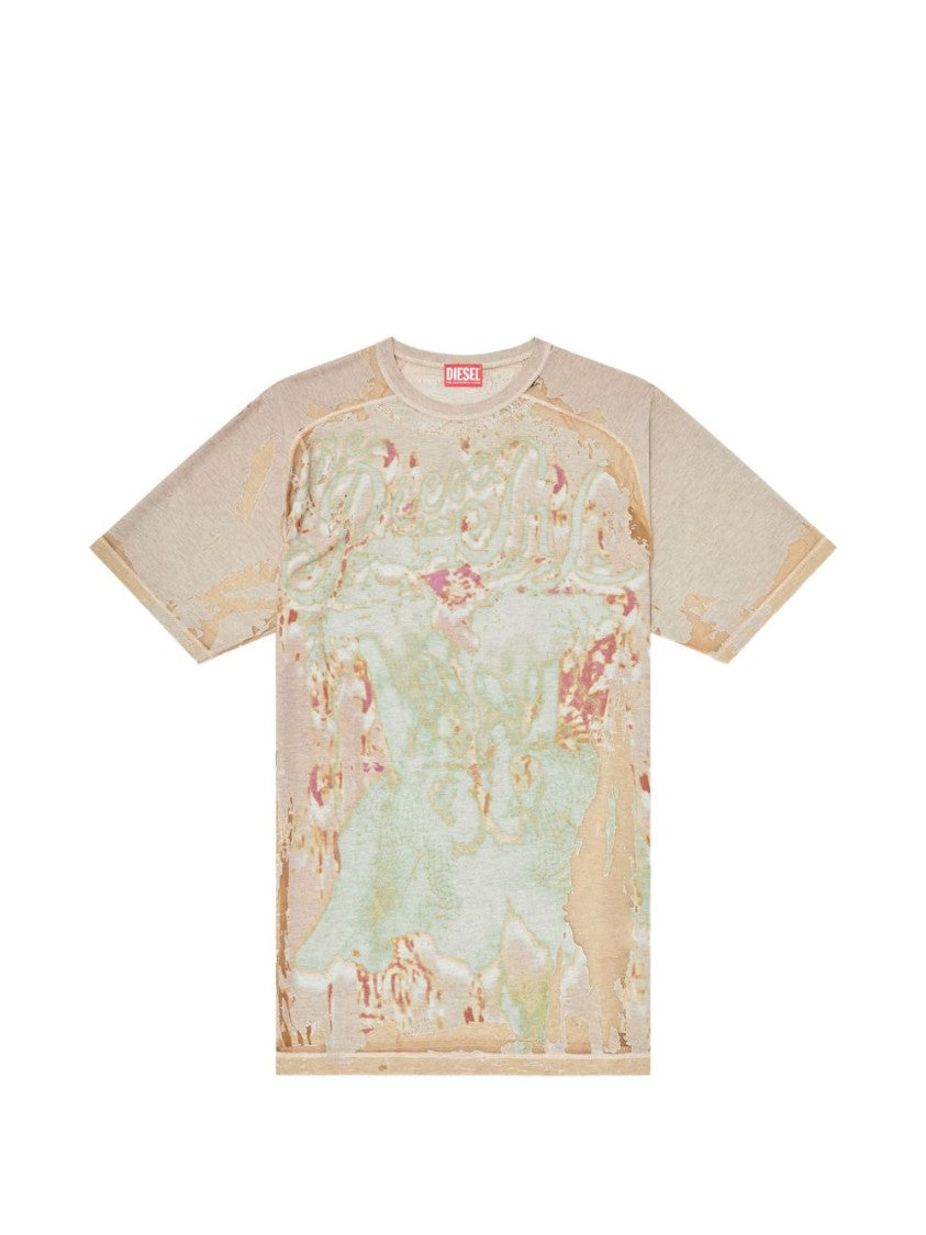 Diesel Distressed Abstract Print Silk Nylon T-Shirt