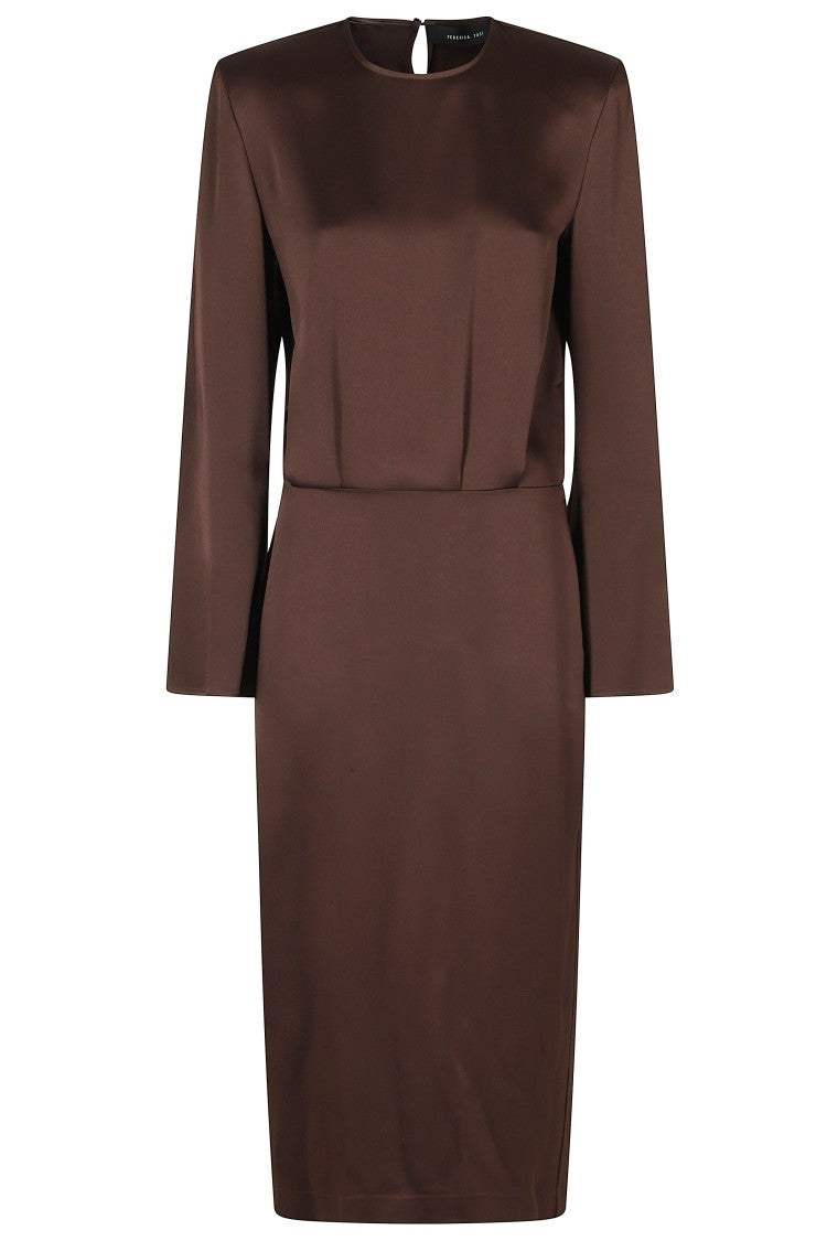 Federica Tosi Midi Brown Slit Long Sleeve Satin Midi Dress
