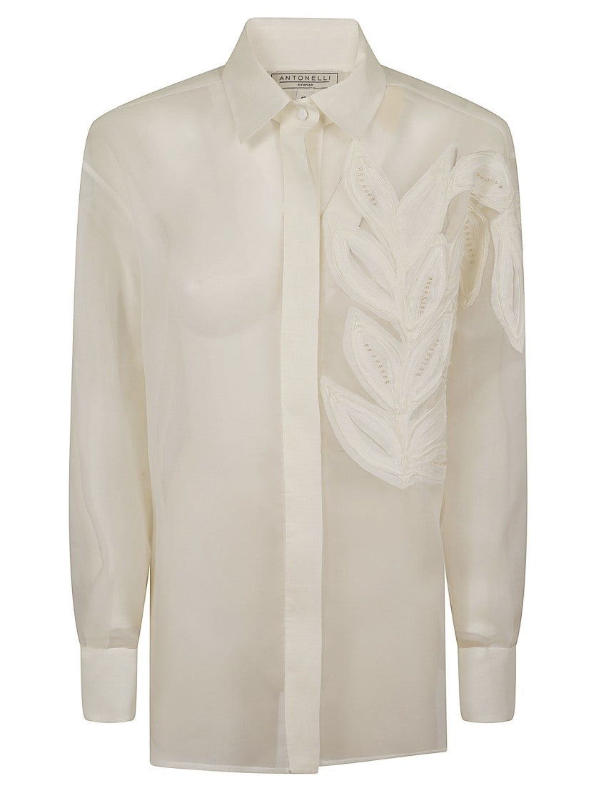 Antonelli Firenze Sheer White Silk Shirt With Floral Embroidery