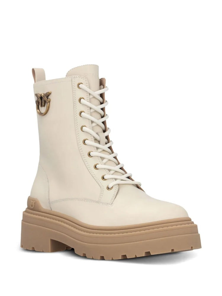 Pinko Beige Mia 11 Chunky Sole Emblem Leather Ankle Boots