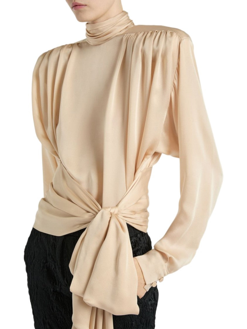 Balmain High Neck Draped Bow Long-Sleeve Blouse