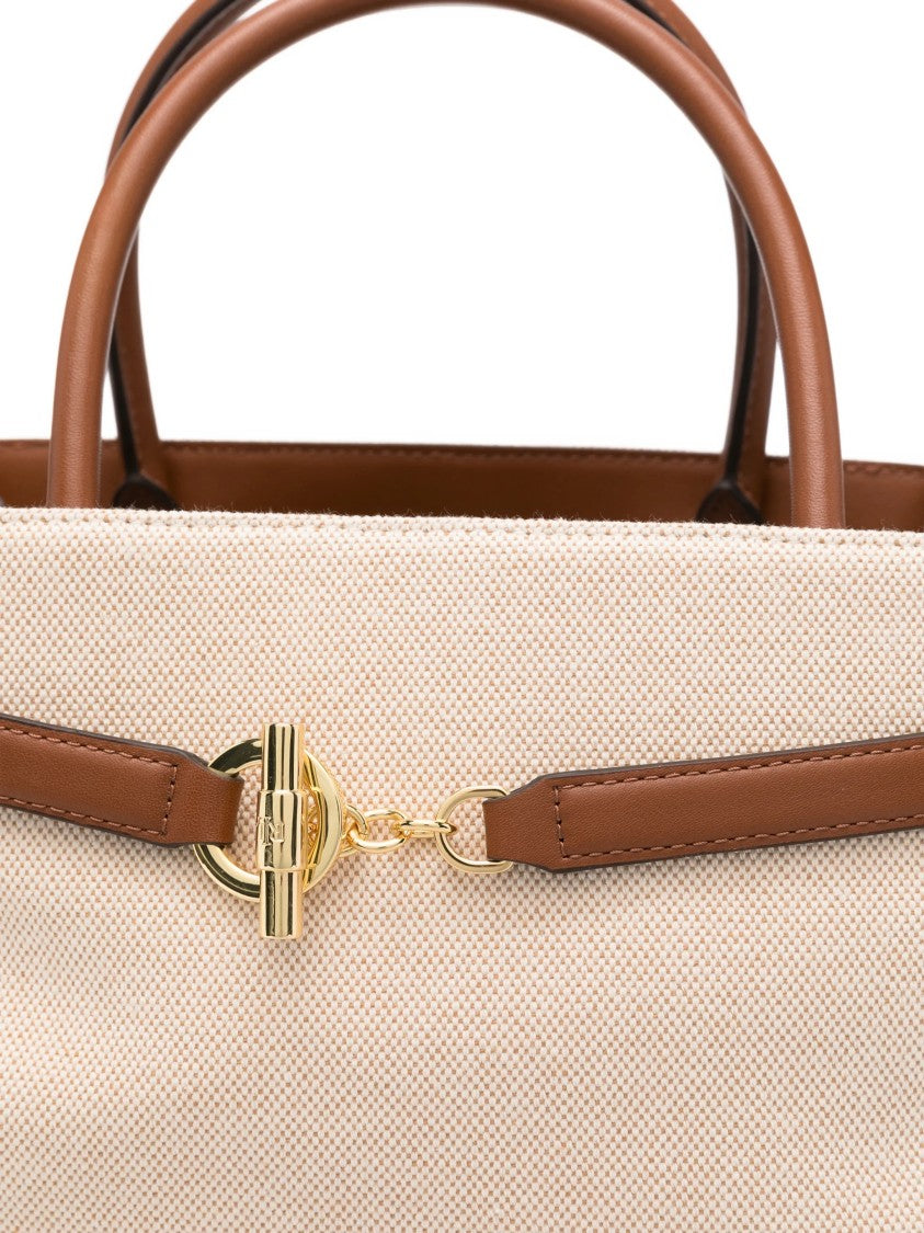 Lauren Ralph Lauren Structured Beige Canvas Handbag With Brown Leather Accents