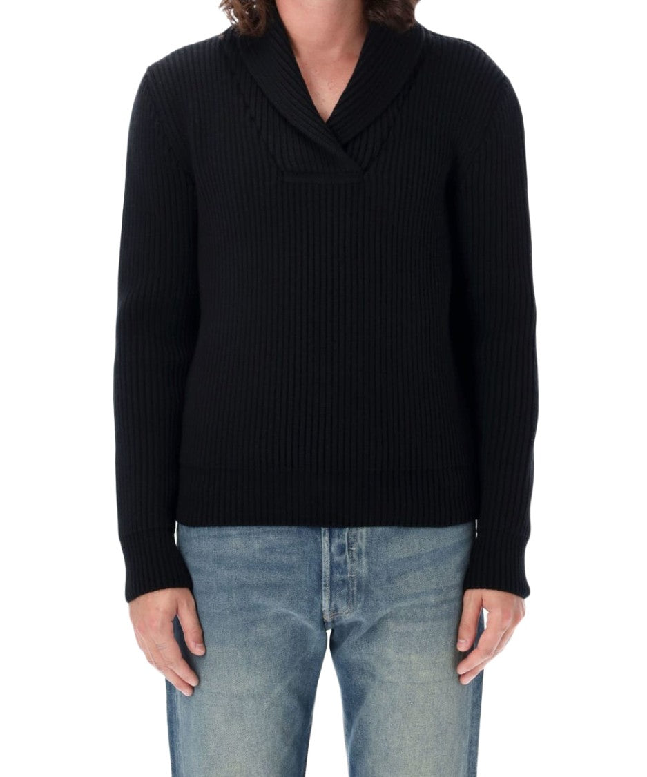 Saint Laurent Ribbed Knit Sweater With Shawl Collar