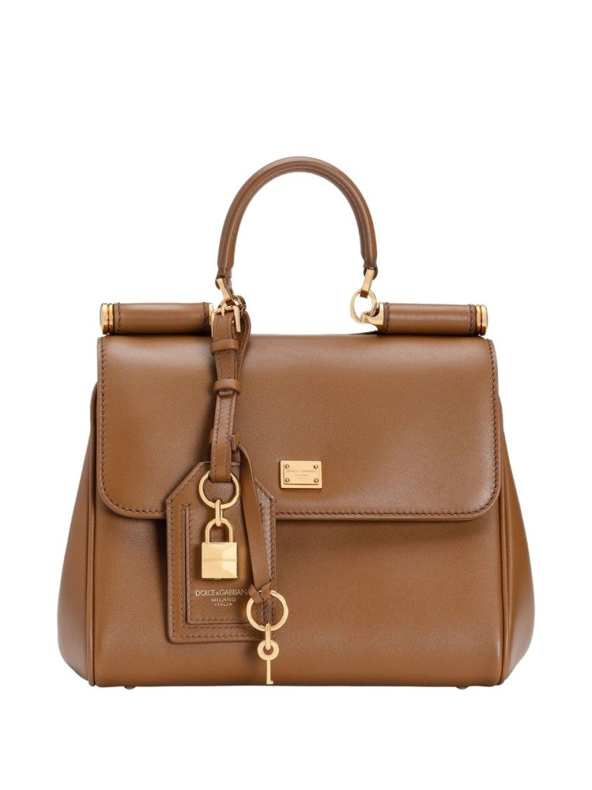 Dolce & Gabbana Smooth Calf Leather Gold Accent Structured Top Handle Bag