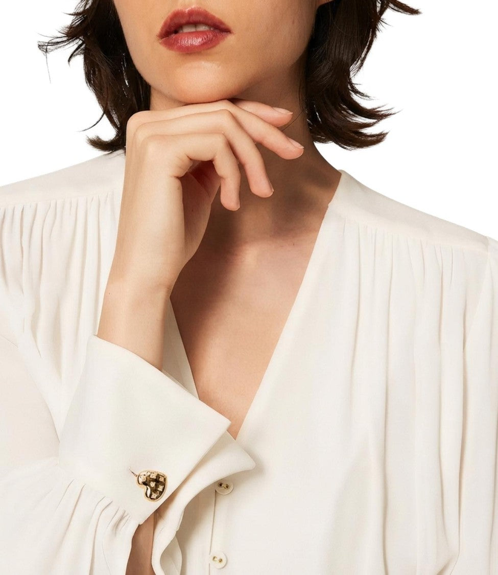 Twin-Set Deep V-Neck Pleated Long-Sleeve Blouse