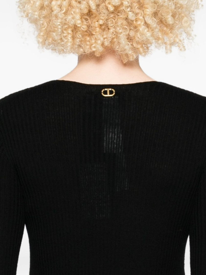Twin-Set Fitted Black Ribbed Sweater With Deep V-Neckline
