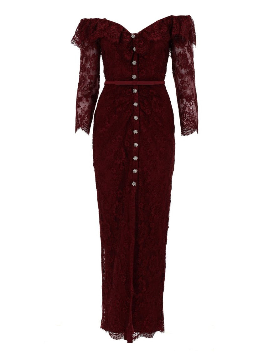 Self-Portrait Neutrals Intricate Lace Jewel Buttons Midi Dress