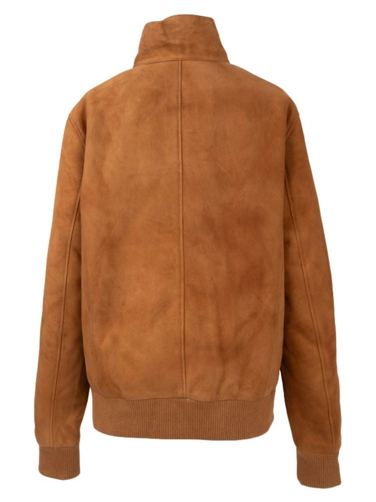 Sergio Moretti Beige High Collar Ribbed Detail Sheep Leather Jacket