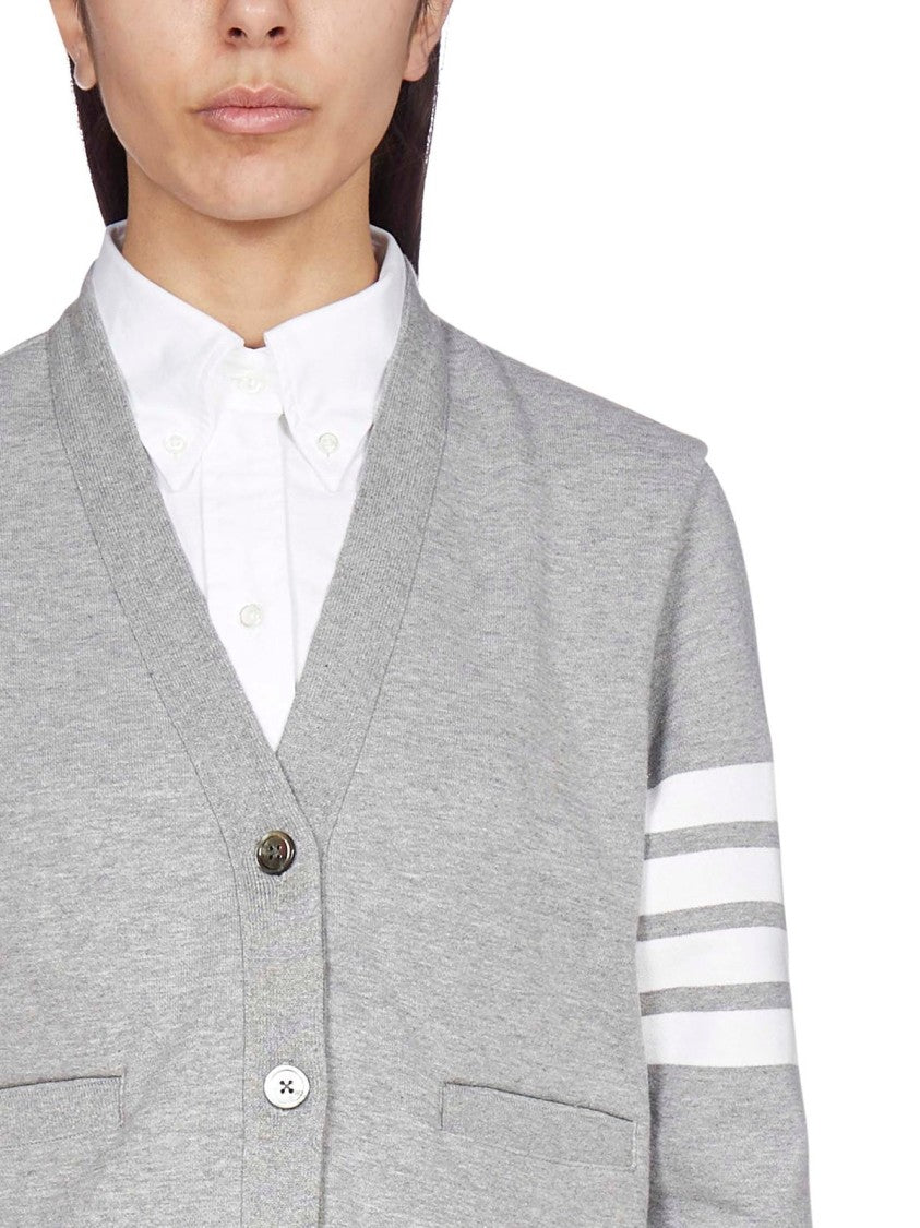 Thom Browne V-Neck Button-Down Grey Cardigan With Signature Stripes