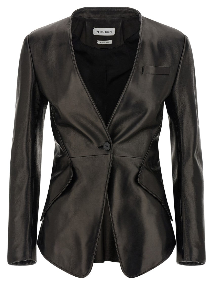 Mcqueen Nappa Leather Single-Breasted Blazer With Asymmetric Hem