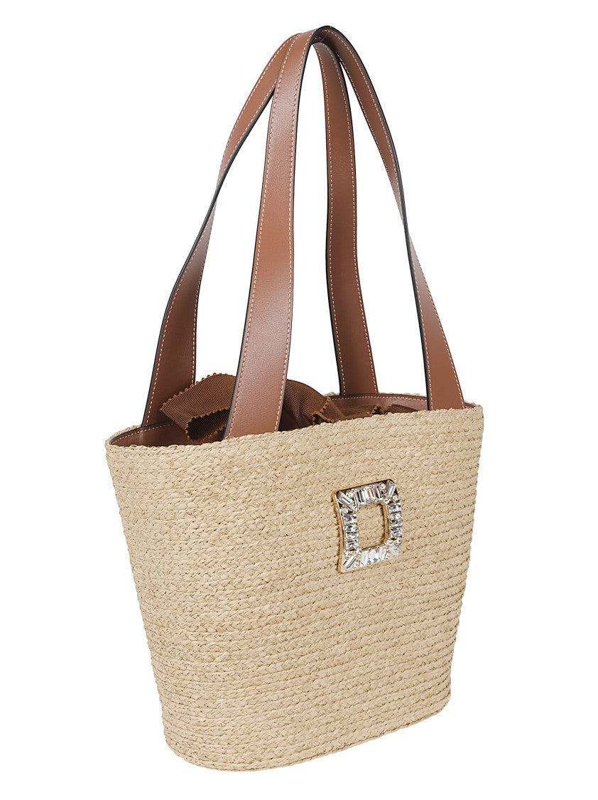 Roger Vivier Medium Woven Raffia Tote With Calfskin Handles