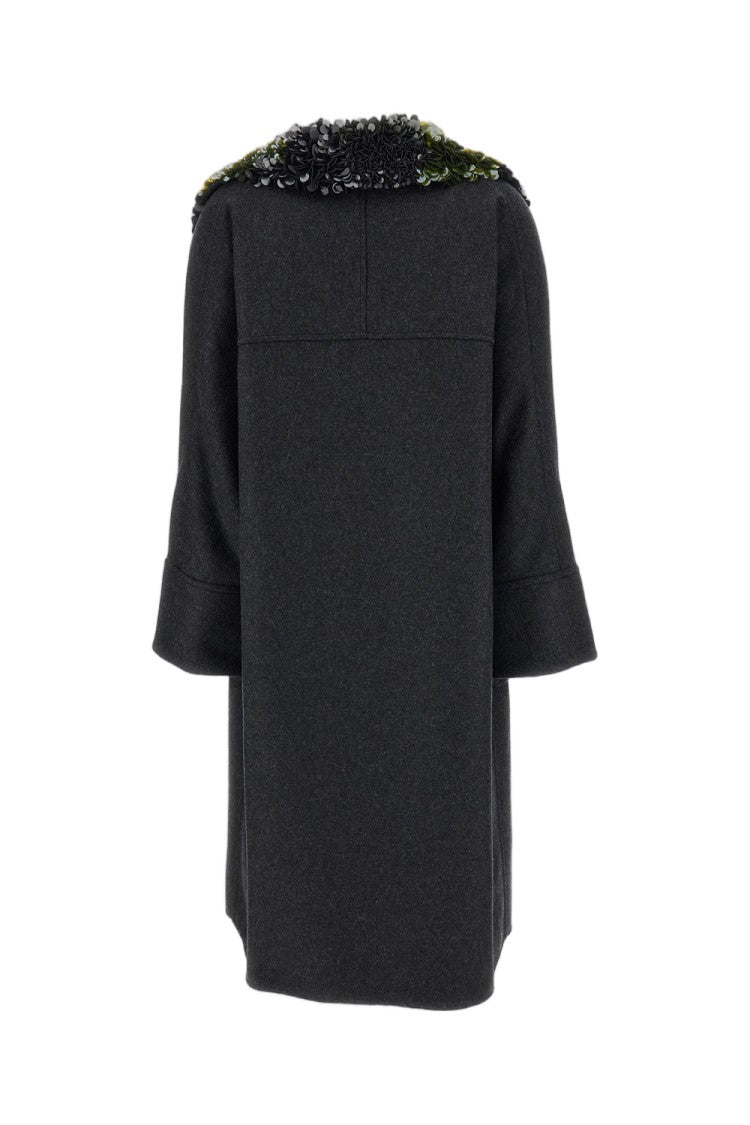 Plan C Melange Grey Sequin Collar Double-Breasted Wool Coat