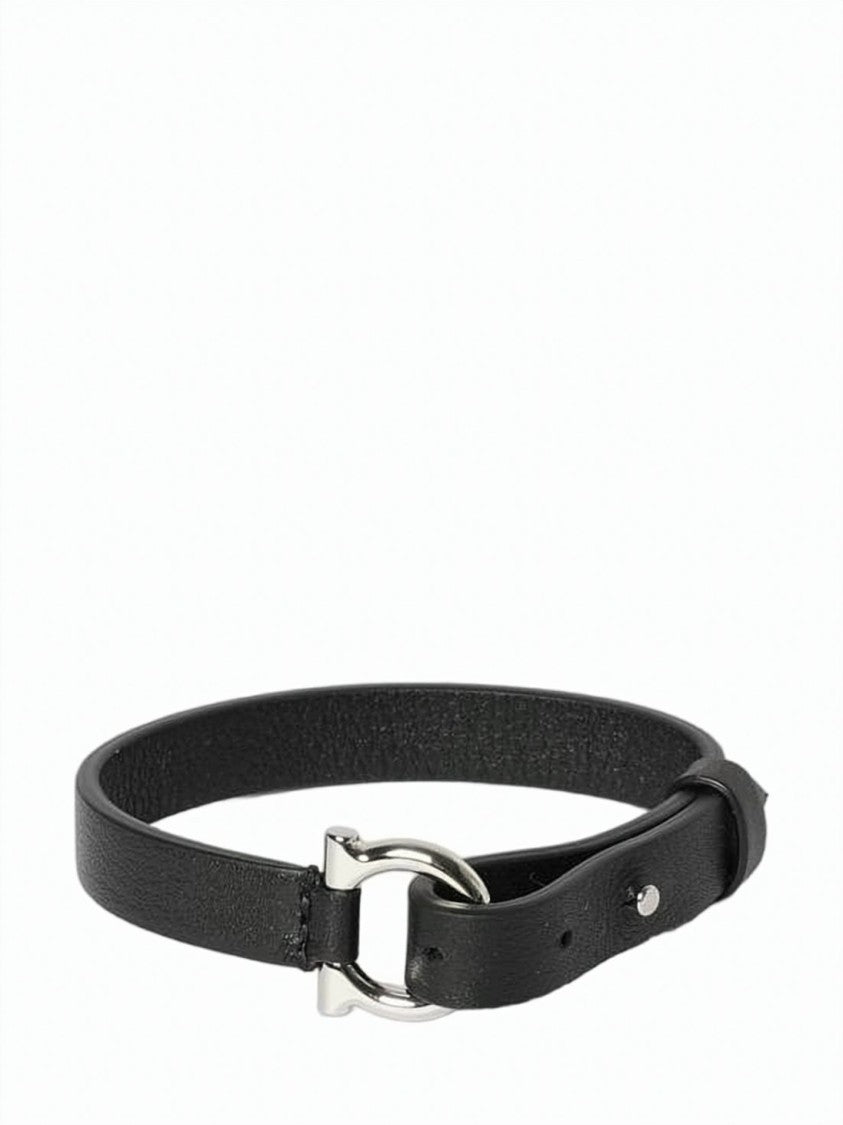 Salvatore Ferragamo Black Calf Leather Bracelet With Silver-Toned Clasp