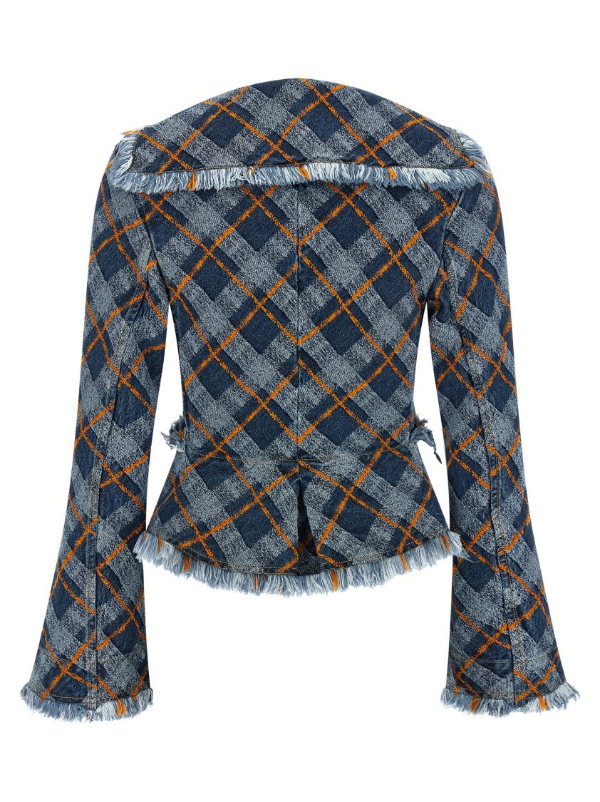 Vivienne Westwood Jacquard Tartan Denim Blazer With Asymmetrical Design And Frayed Edges